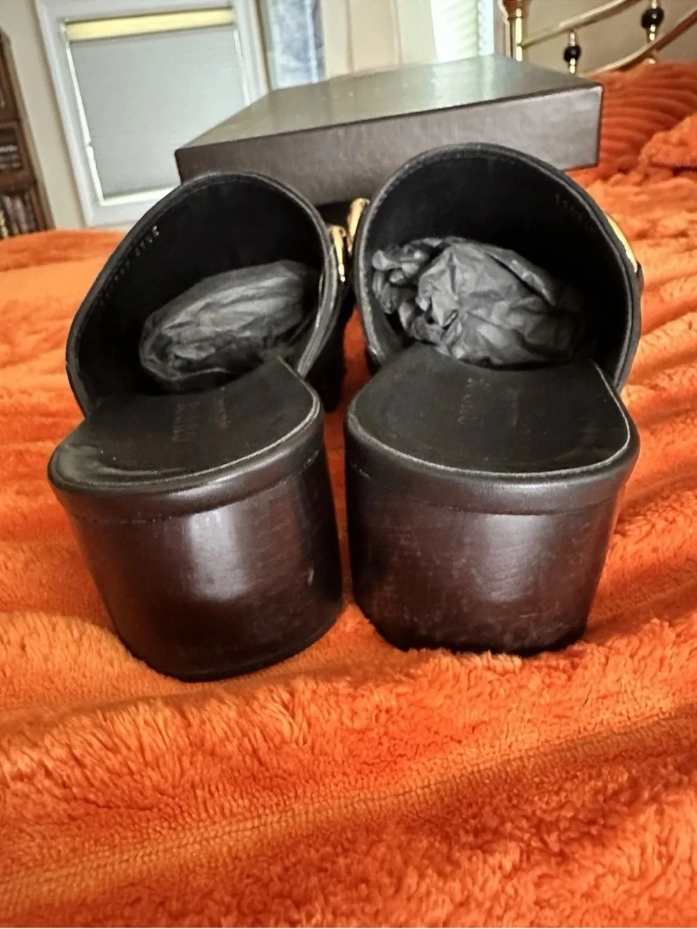 Gucci Black Leather Platform Slide Sandals with Gold Hardware